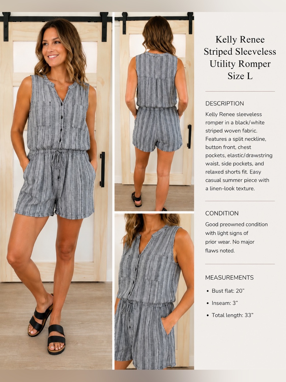 Kelly Renee Striped Sleeveless Linen Blend Utility Romper Size L
